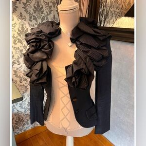 Anne Fontaine Navy Pinstripe Ruffle Collar Blazer Jacket Size 44 Statement